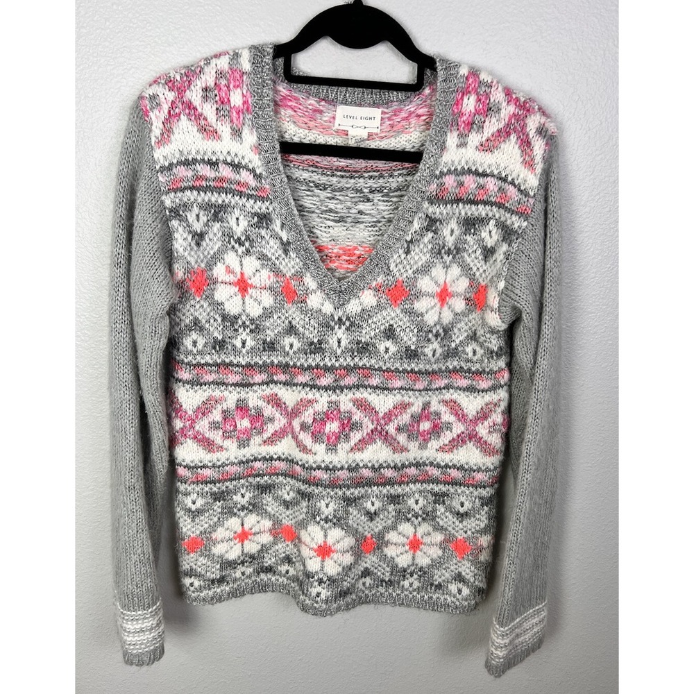 LEVEL EIGHT Long Sleeve V Neck Pink‎ Gray Sweater Womens Sz Large L
